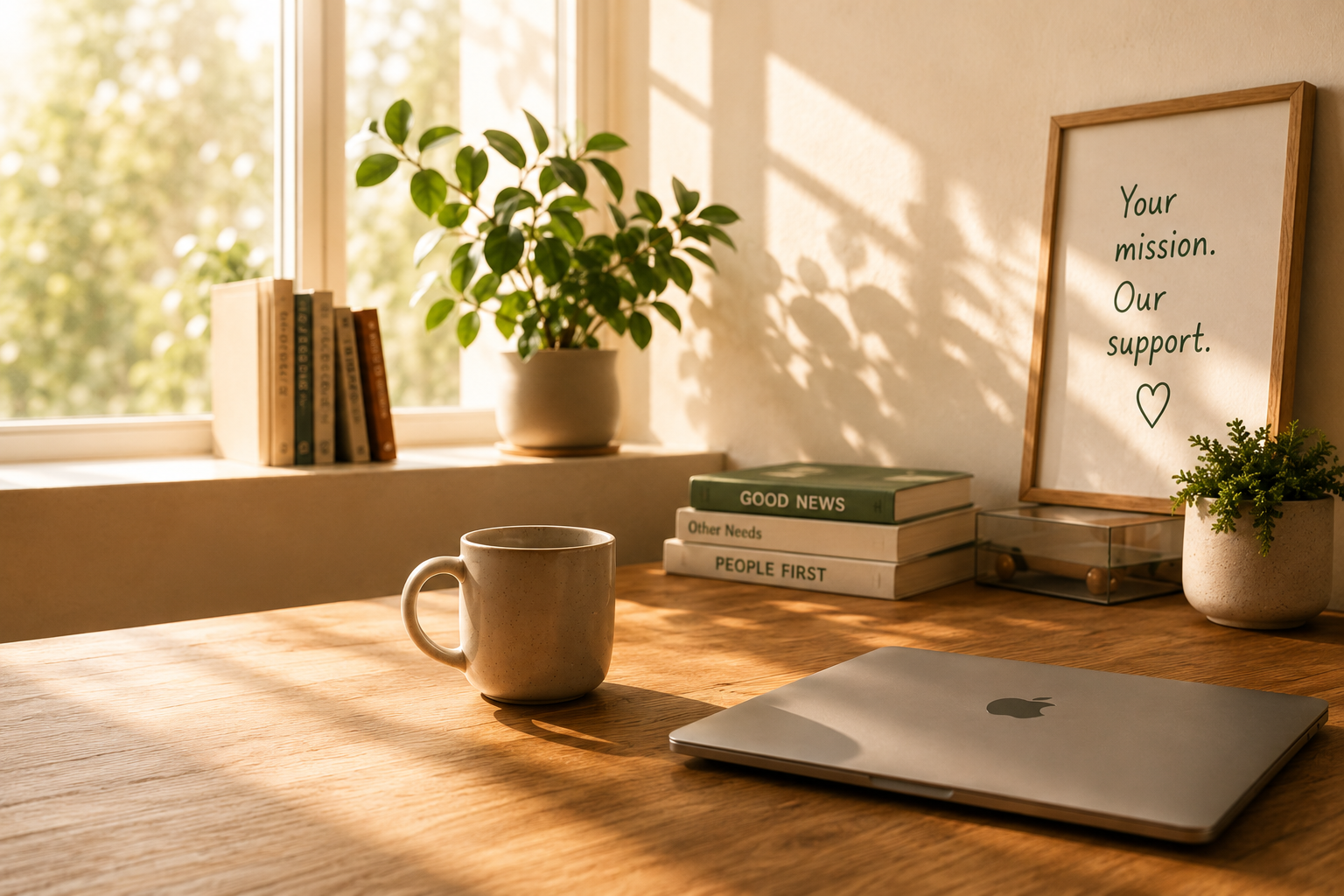 A sunlit desk with a laptop, mug, plant, and a framed 'Your mission. Our support.' print — the calm workspace Nudge fits into.